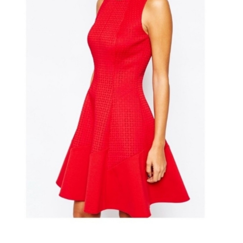 Reiss Pinot Flounce Dress with Laser Cut Details.